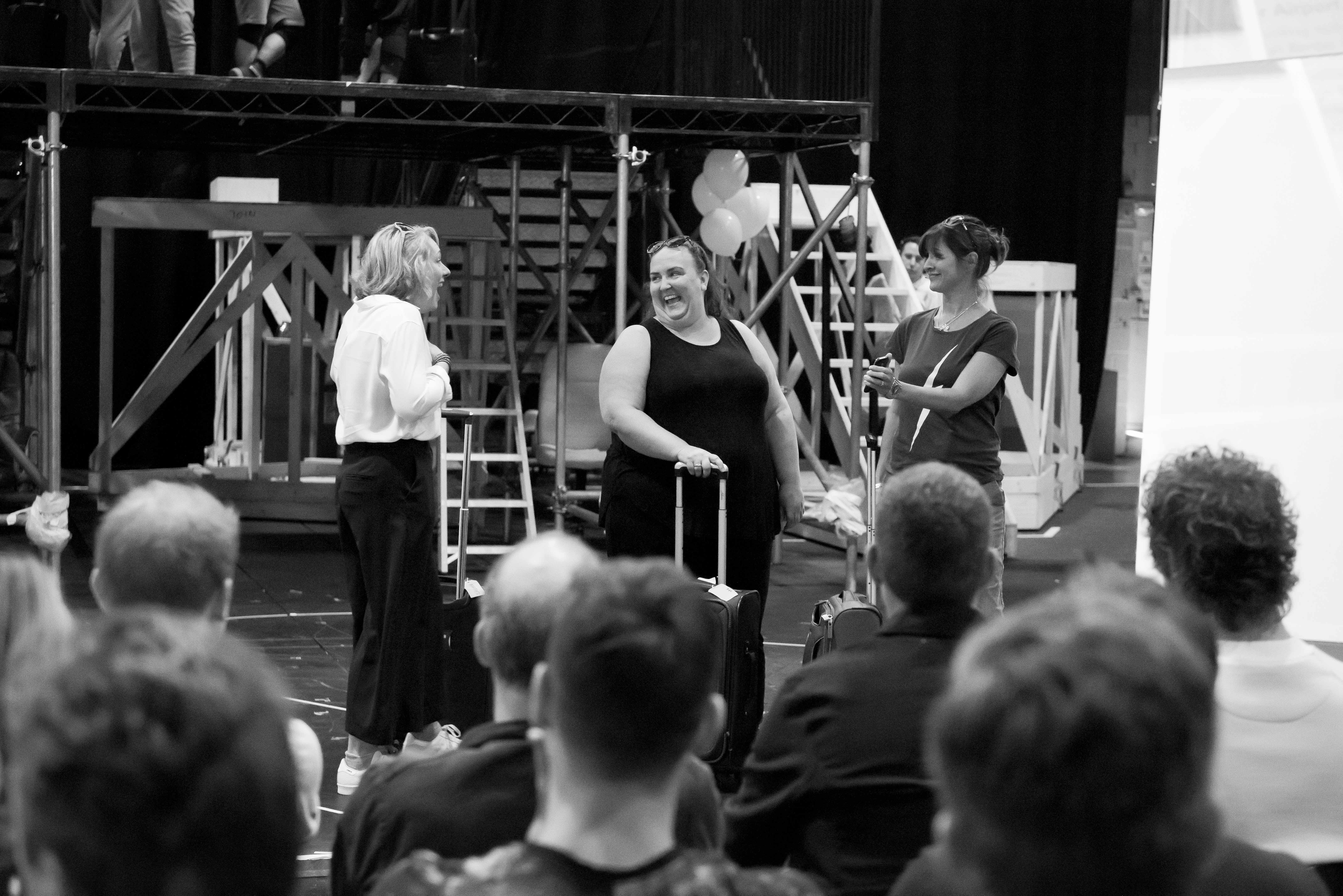 Emily Joyce as Heather, Alison Fitzjohn as Claire &amp; Jayne McKenna as Zoe in rehearsals for The Band, credit Matt Crockett